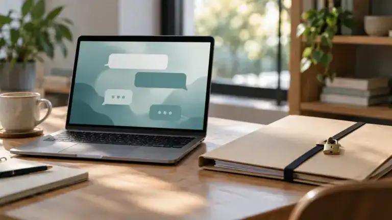 Laptop with abstract chat shapes beside a closed confidential folder.