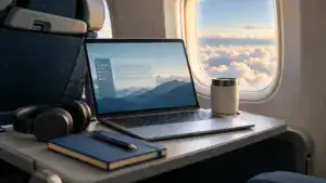 Laptop on aircraft tray table with soft clouds outside.