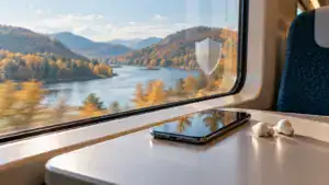 Phone and earbuds on a train table beside an autumn landscape.