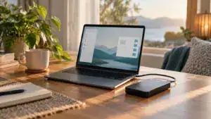 Laptop beside external backup drive and a softly lit window.