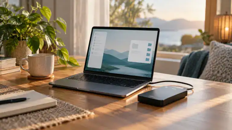 Laptop beside external backup drive and a softly lit window.