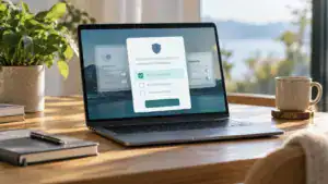 Laptop with abstract consent panels on a quiet desk.