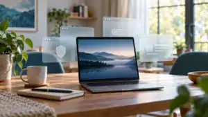 Laptop on a shared desk with abstract translucent browser windows.
