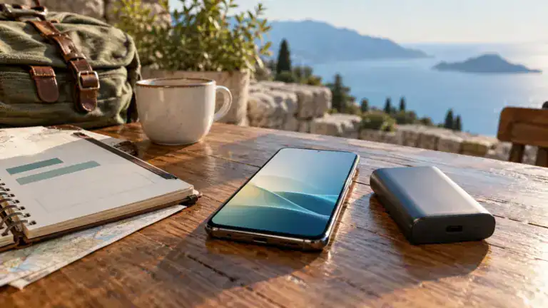 Phone beside a travel notebook and small portable charger.