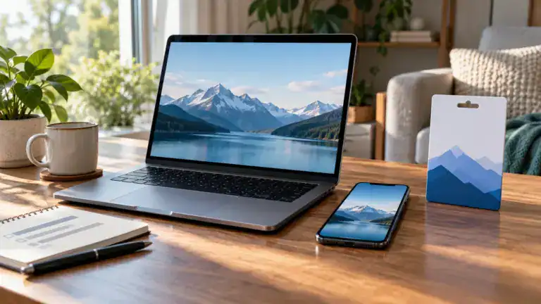 Laptop beside a smartphone and a plain application package card.