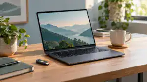 Laptop beside a small physical security key on a calm desk.