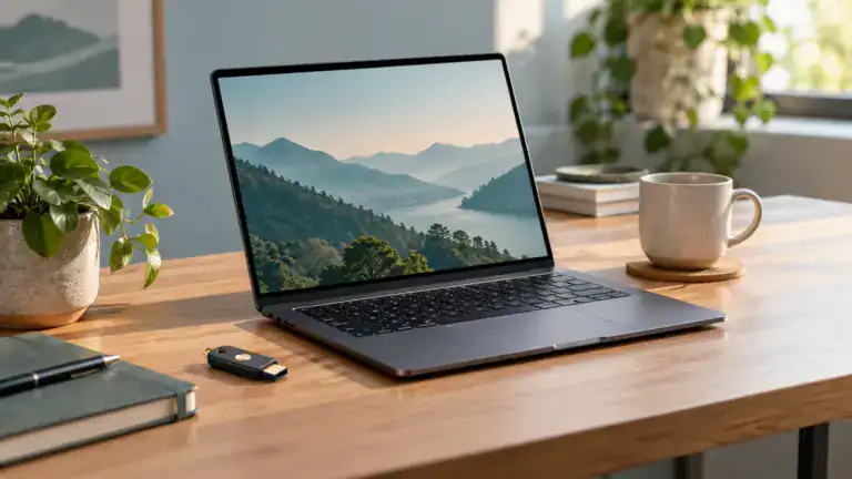 Laptop beside a small physical security key on a calm desk.