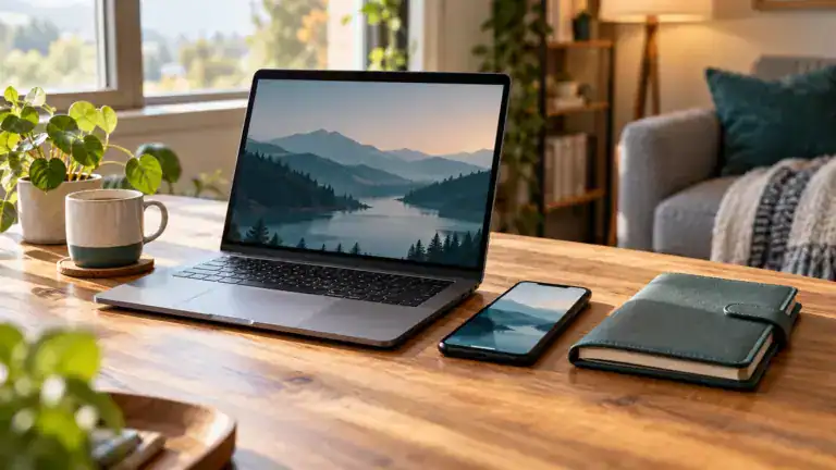 Laptop and phone beside a closed personal organizer.