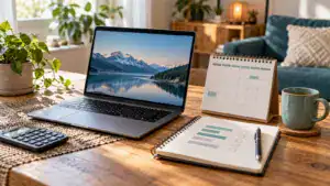 Laptop beside a calendar and household budget notebook.