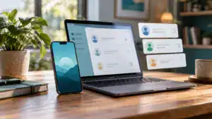 Phone beside laptop and abstract account profile cards.