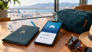 Phone beside passport cover and travel pouch.