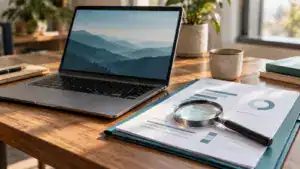 Laptop beside a report folder and magnifying glass.