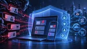 Laptop and smartphone protected by layered shields from AI-generated phishing messages