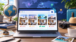 Laptop comparing the same hotel room across several countries with travel location markers