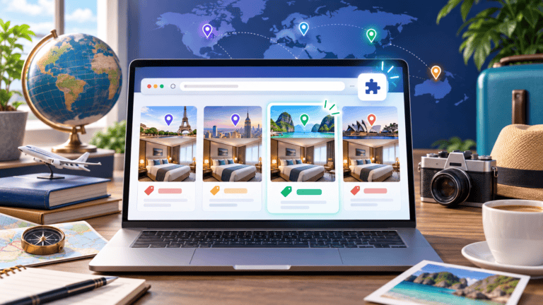 Laptop comparing the same hotel room across several countries with travel location markers