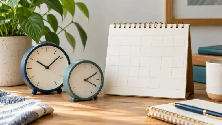 Two clocks beside a content calendar used to compare publishing times.
