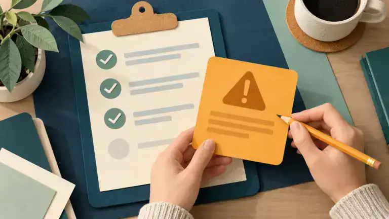 A publishing checklist and warning card used for troubleshooting.