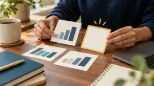 Simple performance chart cards beside a next-action note.