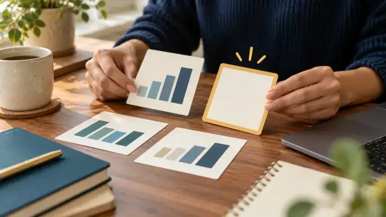 Simple performance chart cards beside a next-action note.